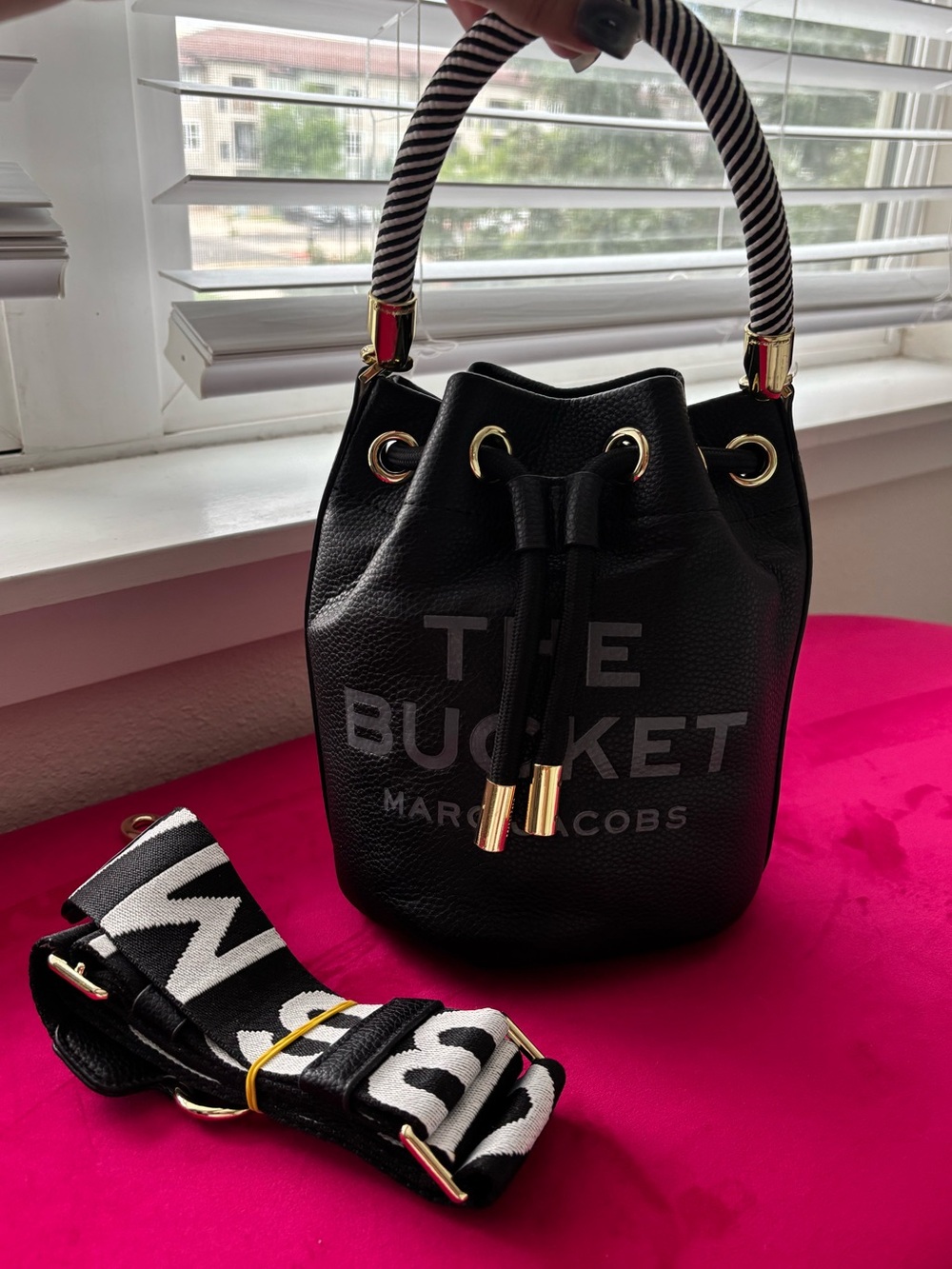 MJ Black Leather 'The Bucket' Drawstring Hobo with Striped Top Handle